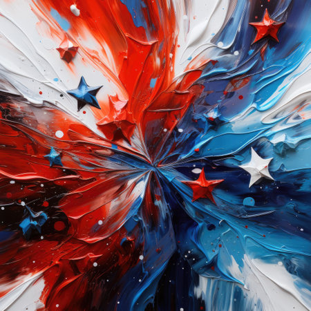 Abstract background of blue and red paint splashes in the form of a starの素材