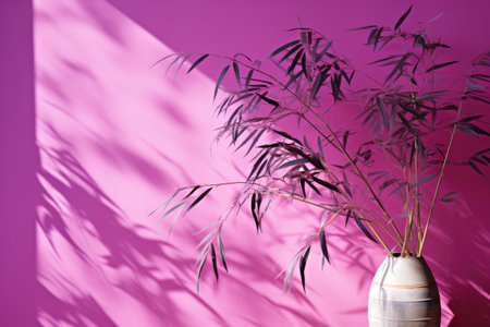 Bamboo plant in vase on color wall background, closeupの素材