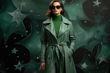attractive young woman in green trench coat and sunglasses posing on black background with starsの素材