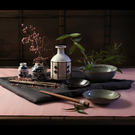 Still life with japanese tableware and bamboo on the tableの素材
