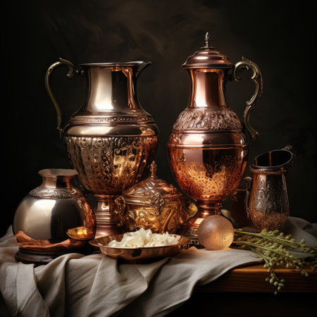 Still life with antique copper kitchen utensils on a dark backgroundの素材