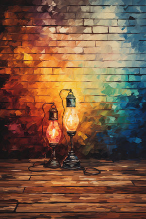 Oil painting on canvas of two old kerosene lamps on a wooden backgroundの素材