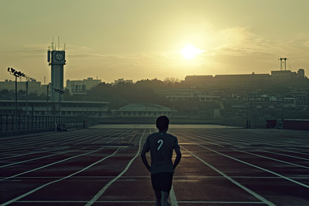 Athletic man running on the stadium track at sunset.の素材