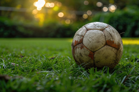 Old soccer ball on green grass with sunset light backgroundの素材