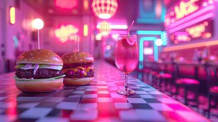 Hamburger and cocktail in the night club.の素材