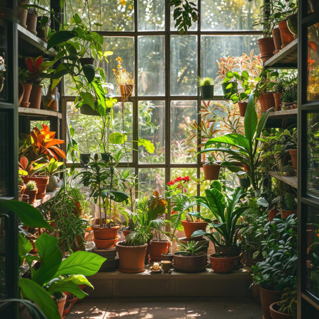 Plants in pots on the windowsill in a greenhouse.の素材