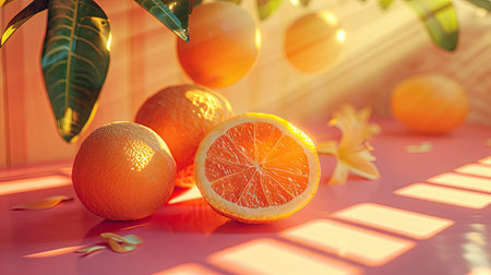 Orange fruit on the table in the sunlight.の素材