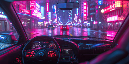 Inside view of a car driving on a wet road at night.の素材