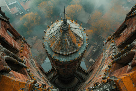 View from the top of the temple in the foggy morning.の素材