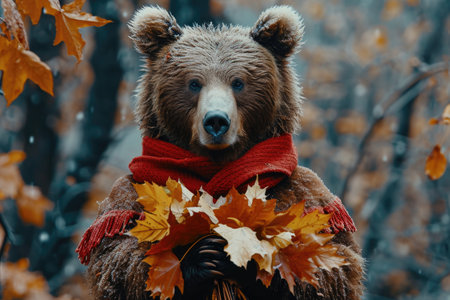 Brown bear in a red scarf with a bouquet of autumn leaves.の素材