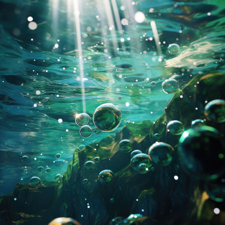 Underwater scene with green water and bubbles.の素材