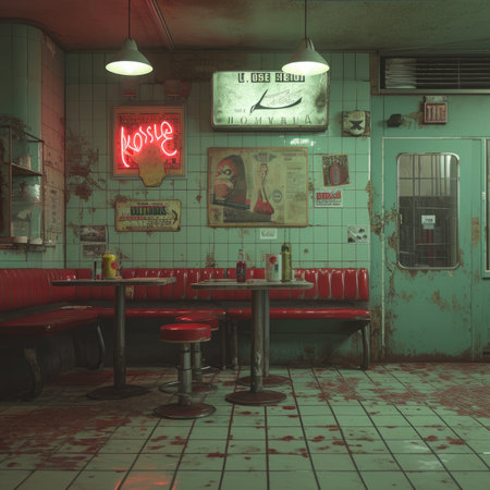 a grunge pub interior with red chairs and tablesの素材