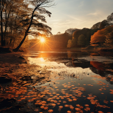 Beautiful sunset over the river in autumn forest. Nature composition.