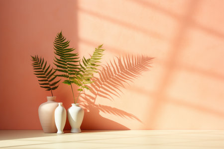 Two vases with ferns on the table.の素材