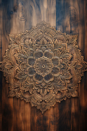 Wooden background with a pattern of mandalas in retro styleの素材
