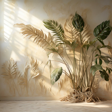 Tropical palm leaves in a vase on a beige wall backgroundの素材