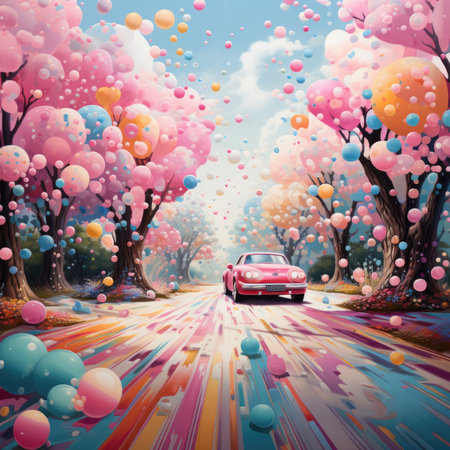 Vintage car on the road in the forest with colorful balloons.の素材