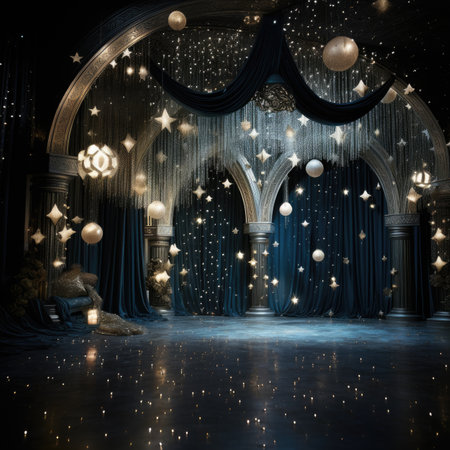 fantasy interior with blue curtains and christmas decorationsの素材