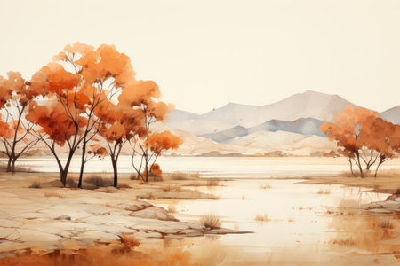 Watercolor painting of trees in the lake with mountains in the backgroundの素材