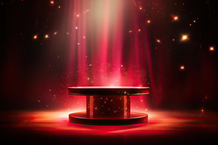 Stage podium with lighting, Stage Podium Scene with for Award Ceremony on red Backgroundの素材