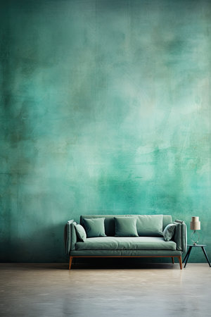 modern living room with green sofa, lamp and concrete floor.の素材