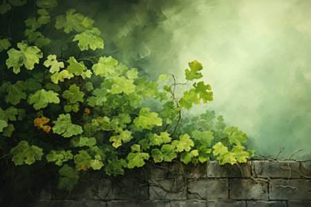 Green leaves on a stone wall with a grunge textured backgroundの素材