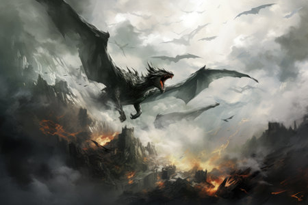 Fantasy landscape with flying dragon in the sky.の素材