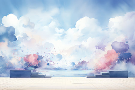 Podium in the sky with clouds and watercolor splashes.の素材