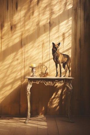 Cute little dog sitting on a table in a room with sunlightの素材