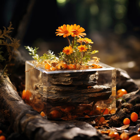 Sea buckthorn berries in a glass vase on a wooden backgroundの素材