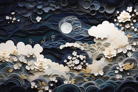 Paper art of paper cut flowers in the form of clouds and moonの素材