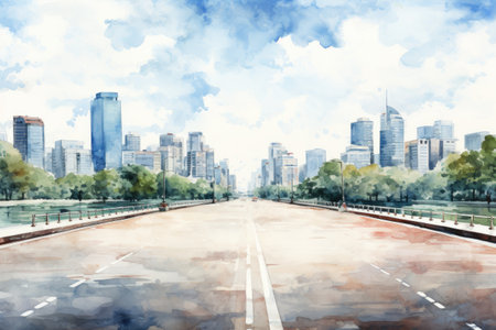 Urban landscape with road and skyscrapers. Digital watercolor painting.の素材