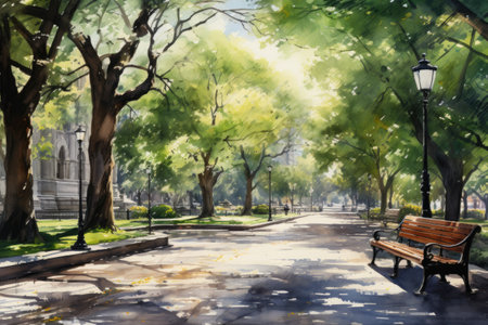 Park bench and trees in the city park.の素材