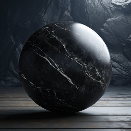 a black marble ball on a wooden floor.の素材