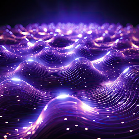 abstract background, purple waves with glowing particles.の素材