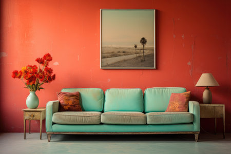 Interior of a living room with a green sofa and a vase of flowersの素材
