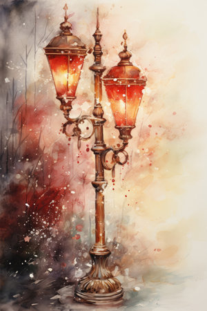 Watercolor Vintage street lamp on a grunge background.の素材