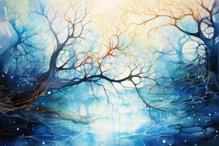 Abstract winter background with trees and snowflakes.の素材
