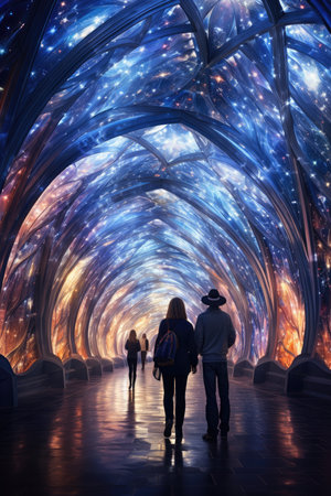 Couple walking through a tunnel of stars in the universe.の素材