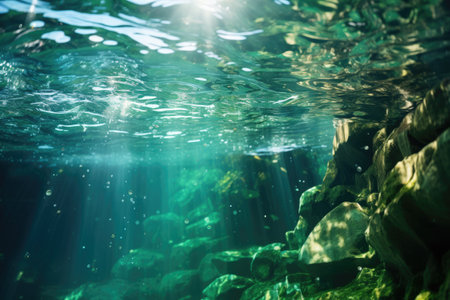 Underwater scene with sun rays and green algae. Underwater backgroundの素材