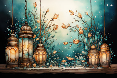 Watercolor Lanterns with flowers in the winter forest.の素材