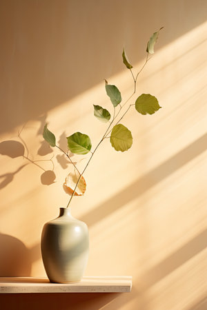 Vase with eucalyptus branch on shelf in sunlightの素材
