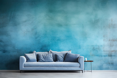 Modern living room interior with blue wall and blue sofa.の素材