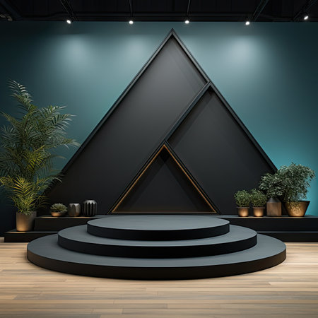 a podium in a room with plants and a black backgroundの素材