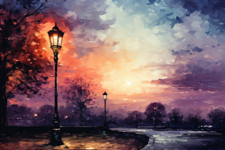Watercolor painting of a street lamp in the park at sunset.の素材