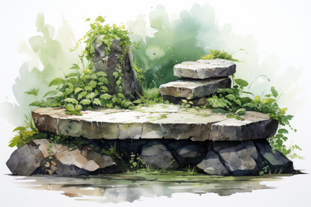 Watercolor illustration of a stone bridge over a pond with green plantsの素材