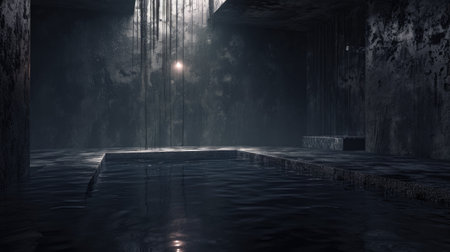 a creepy dark room with an empty swimming poolの素材