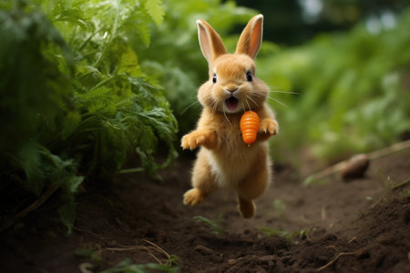 Rabbit with carrot in the garden. Easter concept. Selective focus.の素材