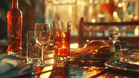 Restaurant table with glasses of alcoholic drink and appetizer.の素材