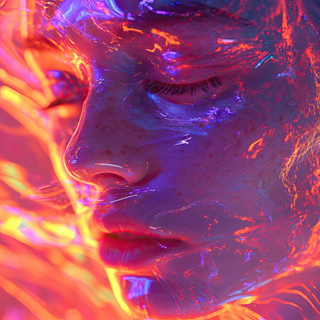 a beautiful woman's face in neon light.の素材